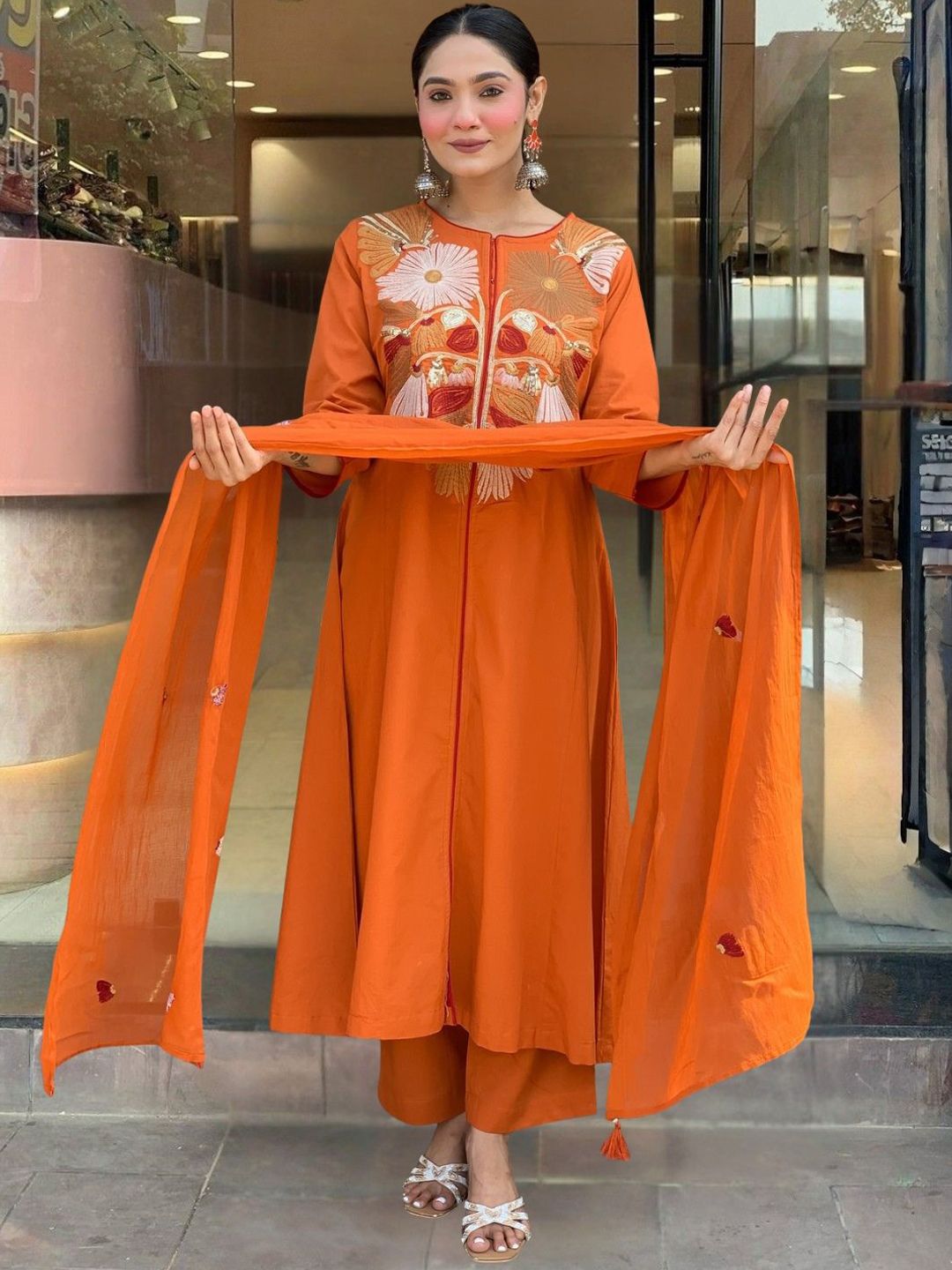 Dhiyona KL Floral Yoke Design Chanderi Silk Thread Work A-Line Kurta & Palazzos With Dupatta