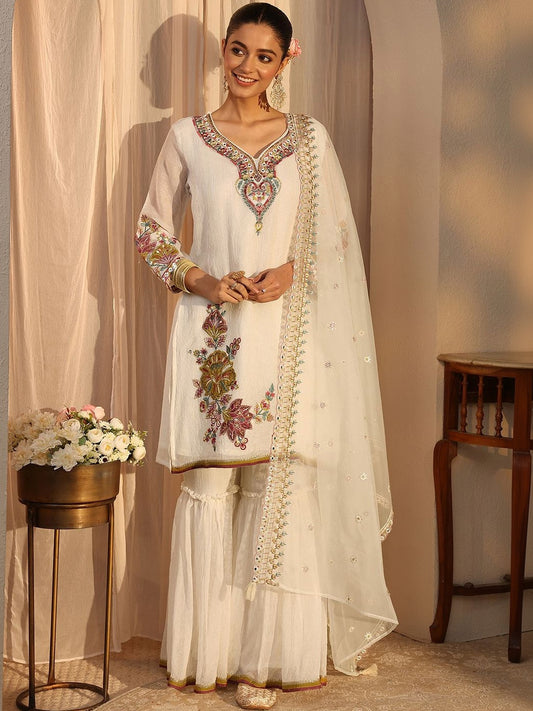 Women Embroidered Regular Silk Chiffon Kurta with Sharara & With Dupatta