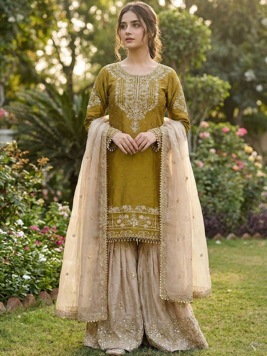 Dhiyona KL Women Ethnic Motifs Embroidered Regular Thread Work Kurta with Sharara & With Dupatta
