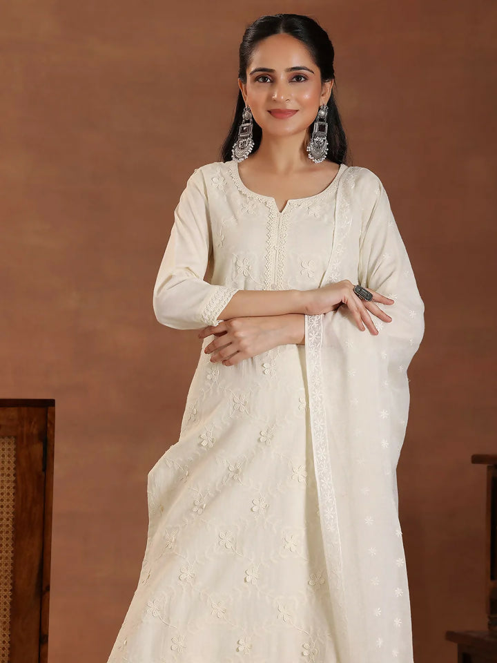 Women's LB Off White Embroidered Cotton Straight Suit With Dupatta