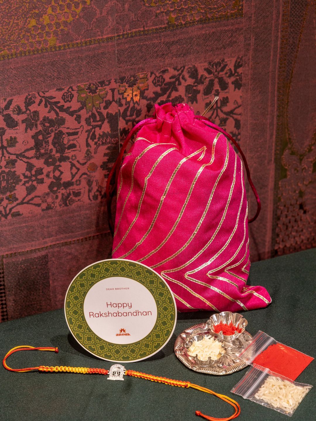 Dhiyona 925 Sterling Silver Rakhi With Roli Chawal Plate & Potli