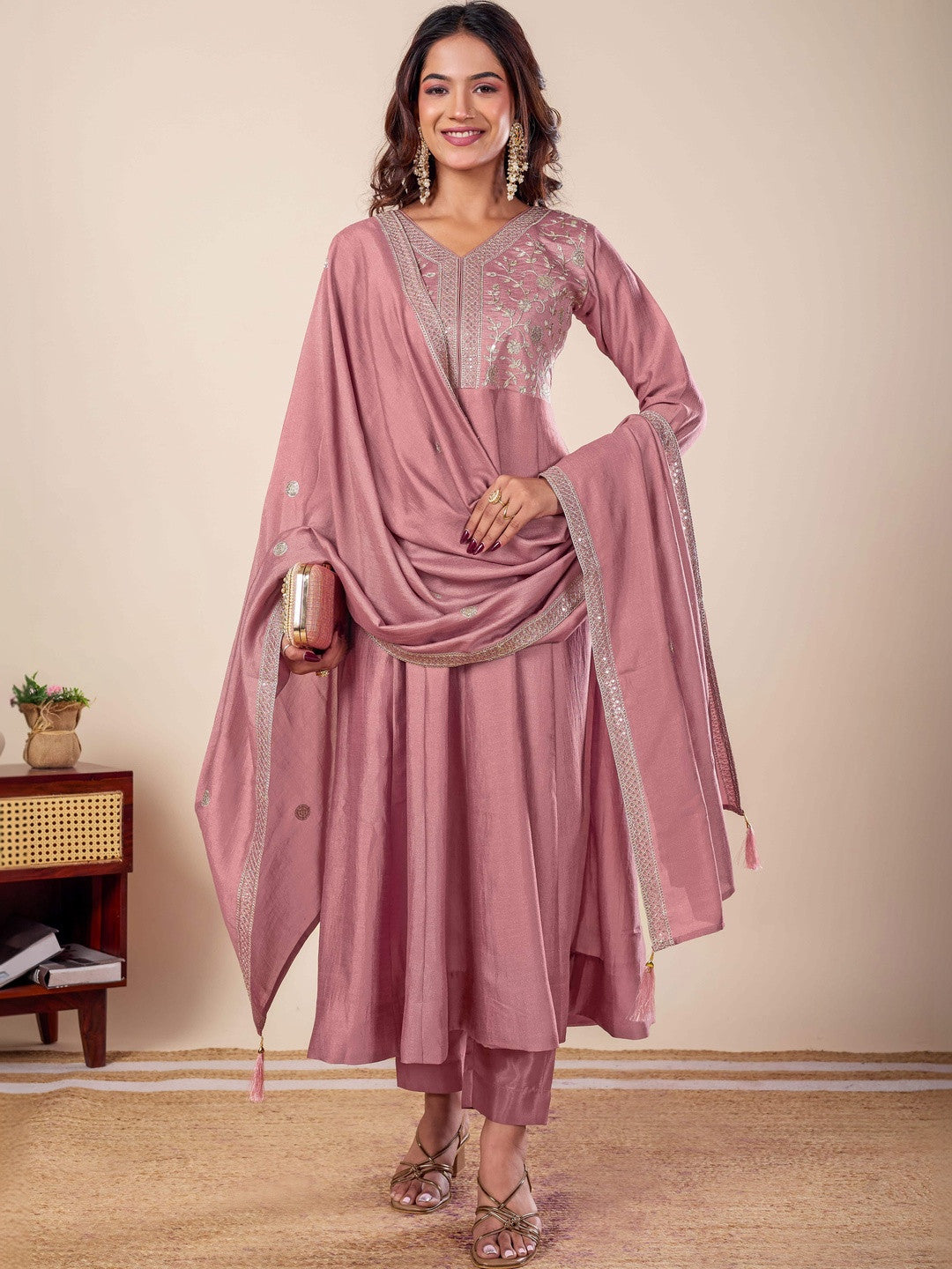 Women Ethnic Motifs Embroidered Empire Kurta with Trousers & With Dupatta