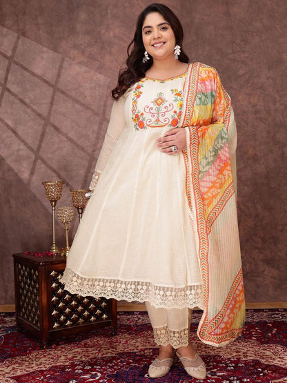 Dhiyona IN Women Floral Embroidered Thread Work Anarkali Kurta with Trousers & Dupatta