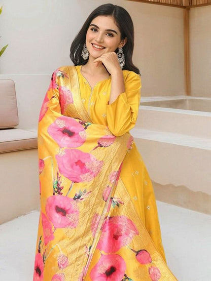 Dhiyona IS Women's Women Ethnic Motifs Self Design Pure Silk Kurta with Trousers & Dupatta