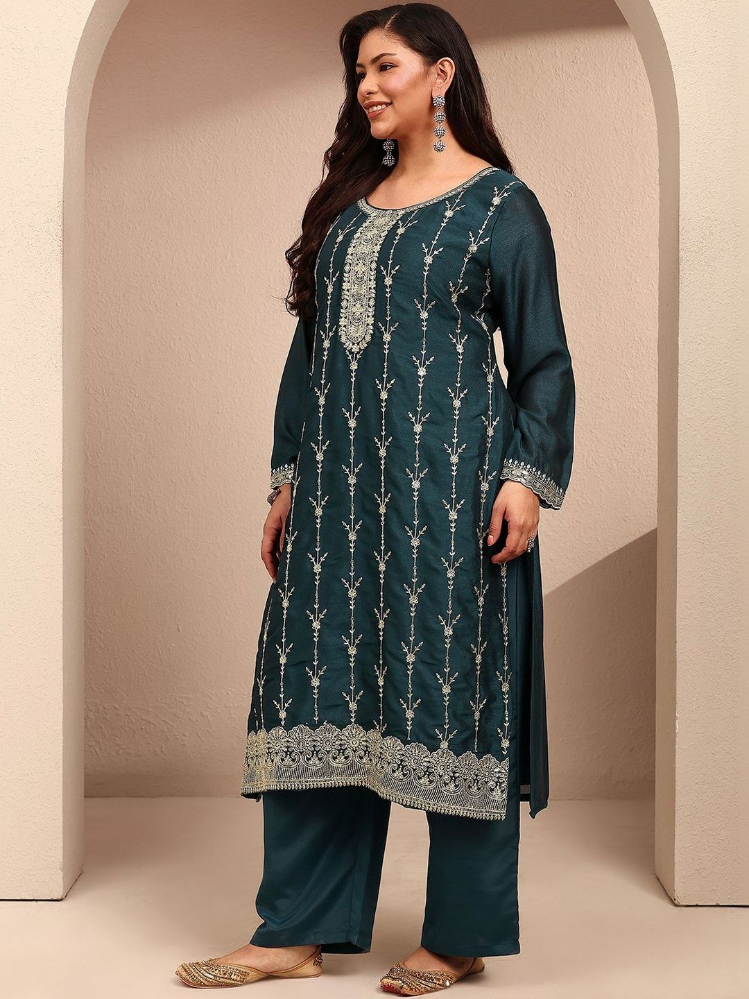 Dhiyona Women's Ethnic Motifs Embroidered Regular Thread Work Kurta with Palazzos & With Dupatta