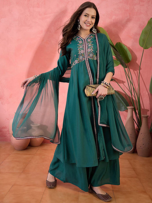 Dhiyona SN Floral Embroidered Silk Anarkali Kurta & Palazzo With Dupatta