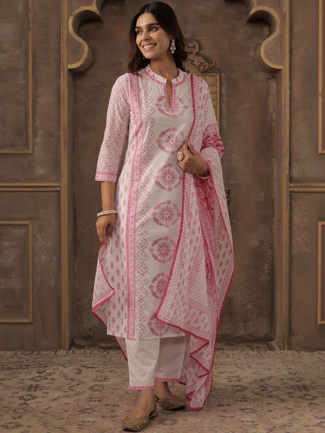Dhiyona IE Women Ethnic Motifs Printed Regular Pure Cotton Kurta with Trousers & With Dupatta