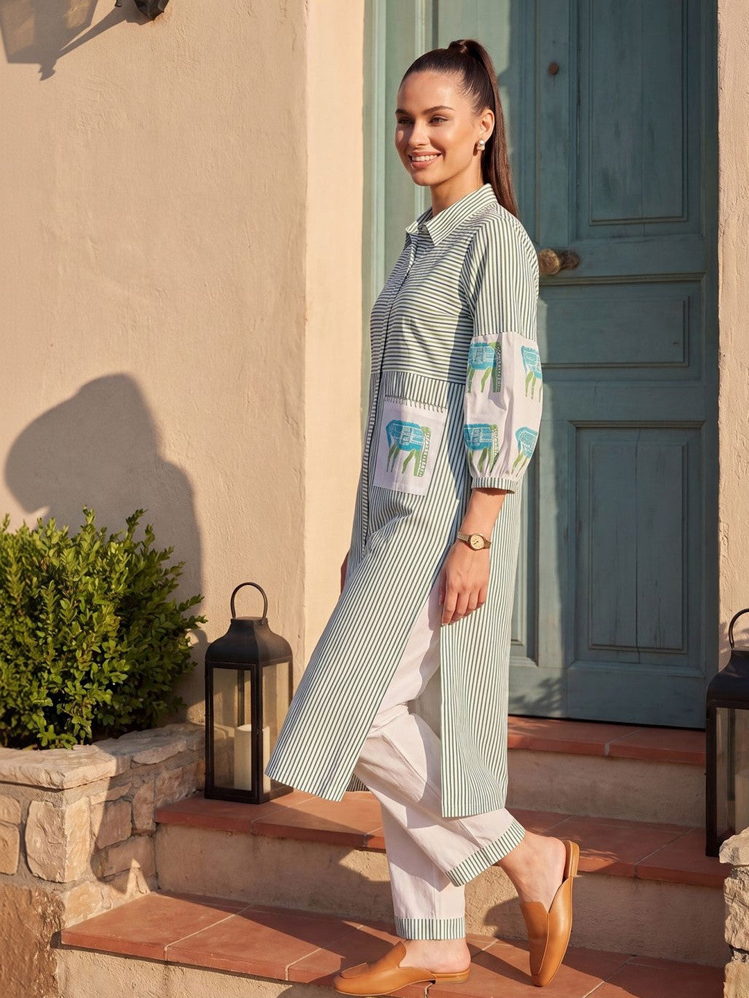 Women Striped Regular Pure Cotton Kurta with Trousers