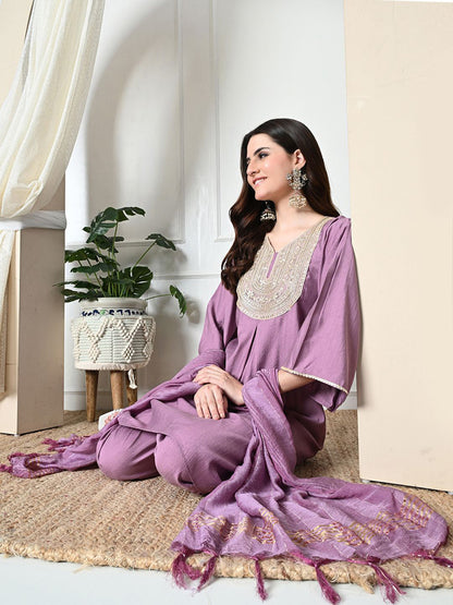 Women Sequined V-Neck A-Line Kurta With Dhoti Pants & Dupatta Set