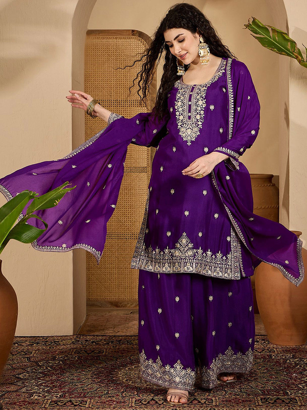 Ethnic Motifs Embroidered Gotta Patti Straight Kurta & Palazzos With Dupatta