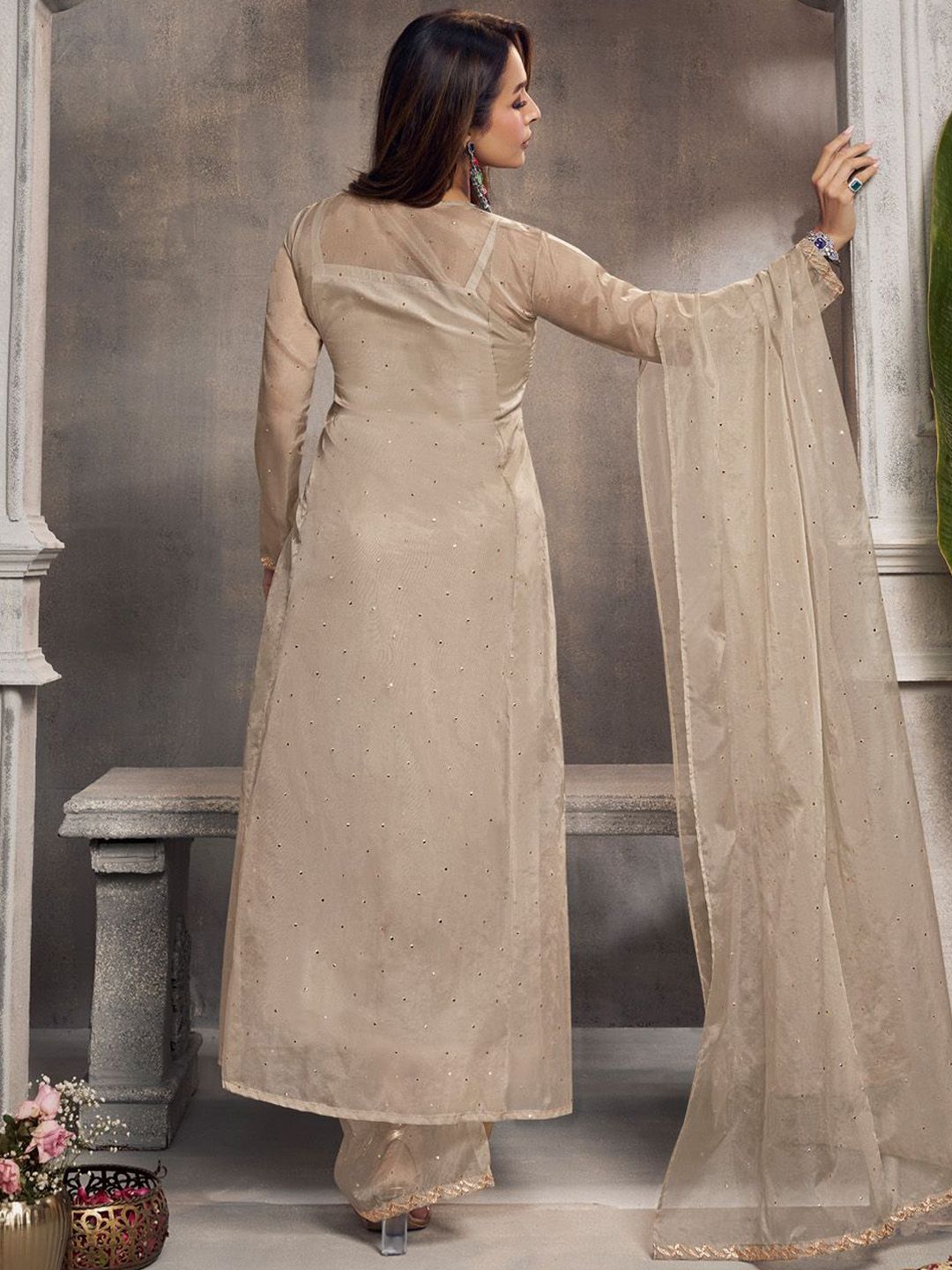 Dhiyona IN Ethnic Motifs Embroidered Pleated Zari Organza Kurta With Palazzos & Dupatta