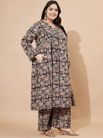 Dhiyona KL Floral Printed Pure Cotton A-line Kurta With Palazzos & Dupatta