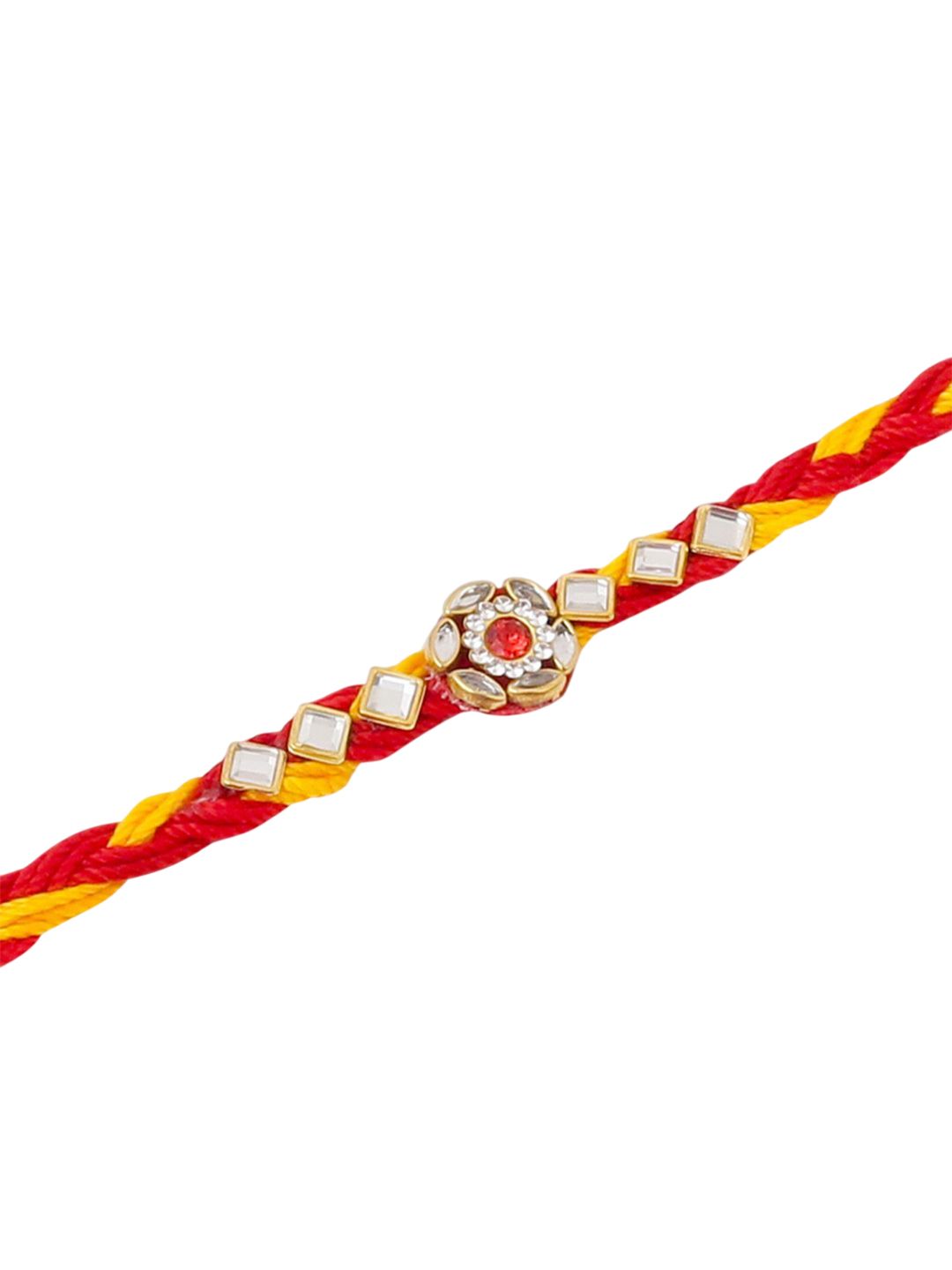 Dhiyona Men Set Of 3 Red & Yellow Kundan Studded Floral Design Thread Rakhi With Roli Chawal