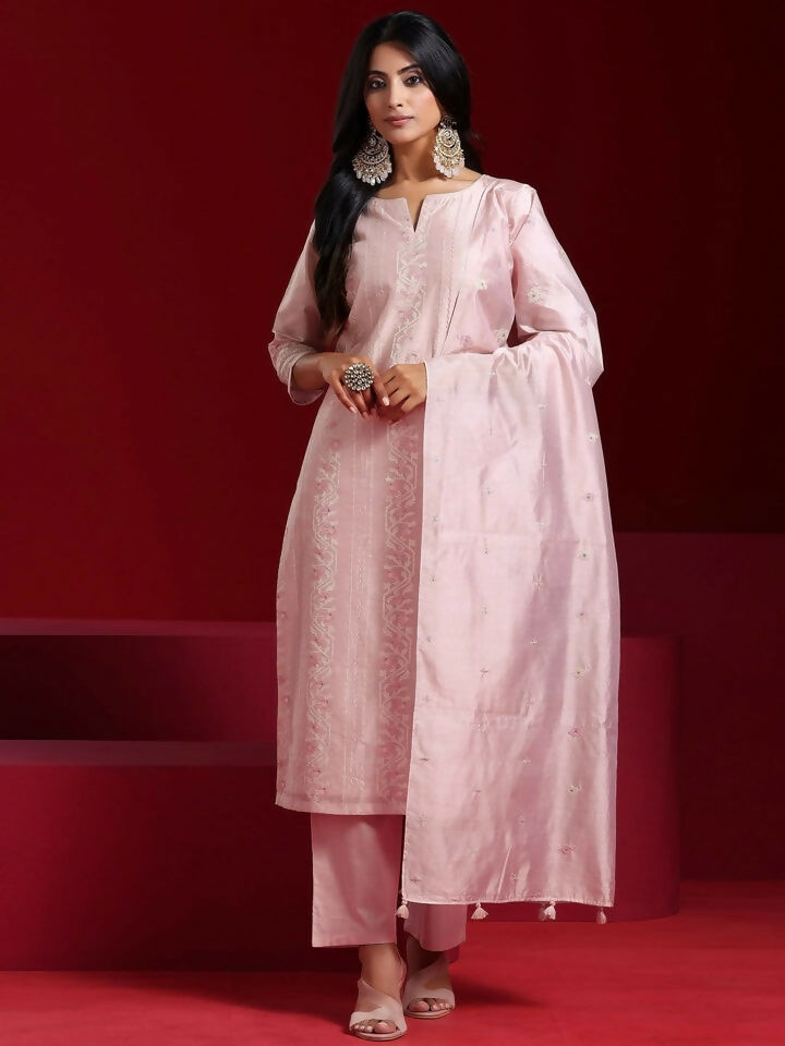 Women's LB Art Pink Embroidered Chanderi Silk Straight Suit With Dupatta