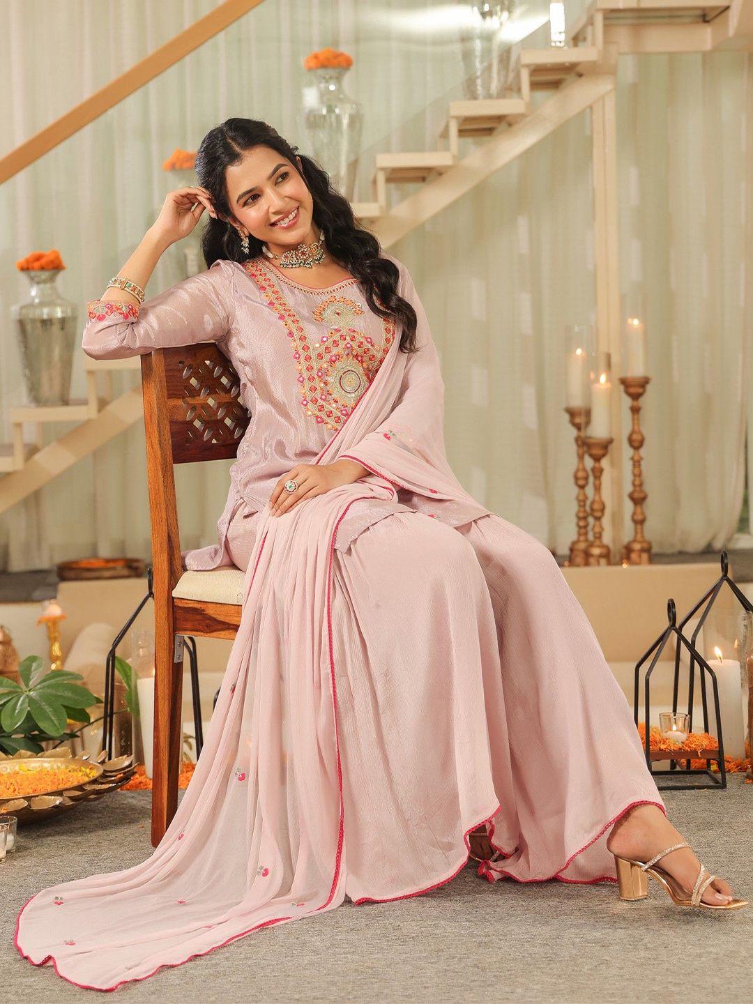 Dhiyona SC Women Geometric Embroidered Shimmer Tissue Sharara Kurta & Sharara With Dupatta