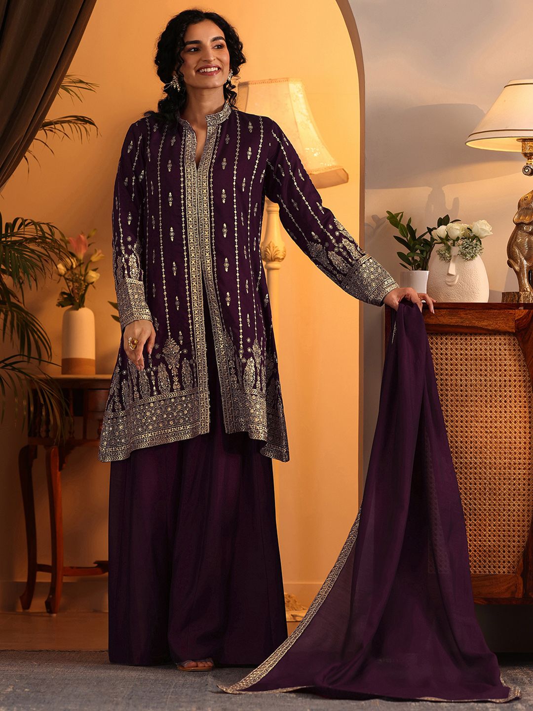 Dhiyona LL Women Ethnic Motifs Embroidered Zari Regular Kurta with Palazzos & With Dupatta