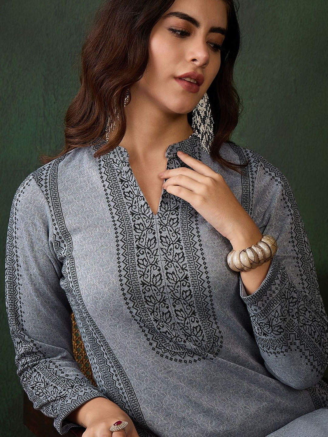 Floral Woven Design Winter Straight Kurta & Trousers