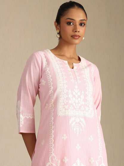 Dhiyona SO Women's Floral Embroidered Notch Neck Thread Work Pure Cotton Straight Kurta With Palazzos