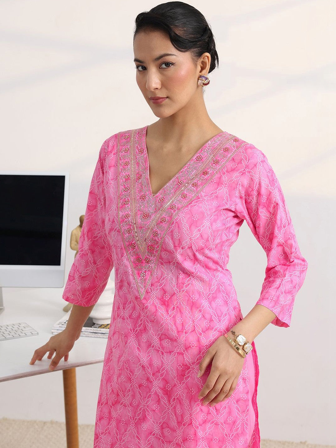 Libas Pink Bandhani Print Straight Suit Set with Dupatta