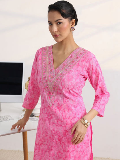Libas Pink Bandhani Print Straight Suit Set with Dupatta