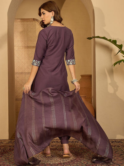 Women Purple Embroidered Kurta Sets With Dupatta