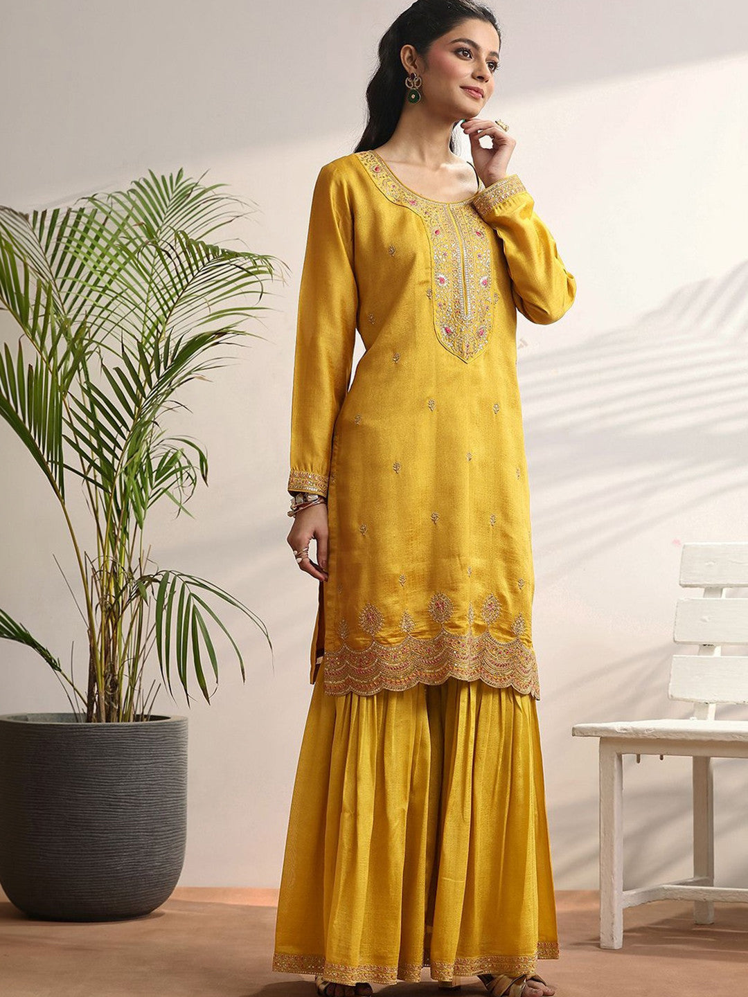 Women Ethnic Motifs Embroidered Regular Thread Work Kurta with Sharara & With Dupatta