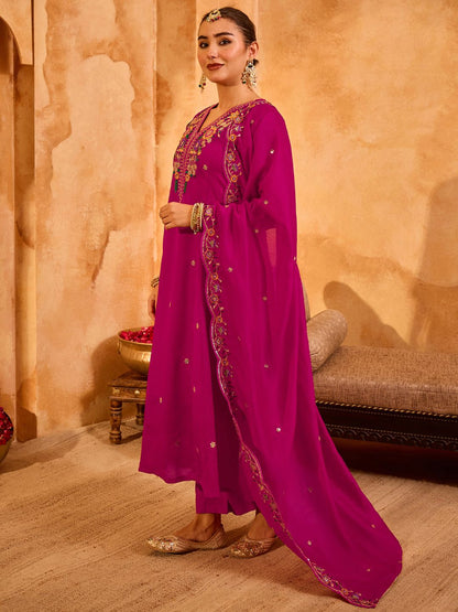 Dhiyona KL Women Floral Embroidered Regular Thread Work Kurta with Trousers & With Dupatta