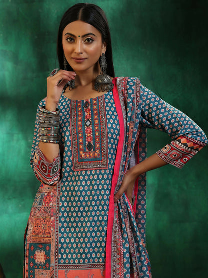 Women's LB Multicoloured Printed Linen Straight Suit With Dupatta