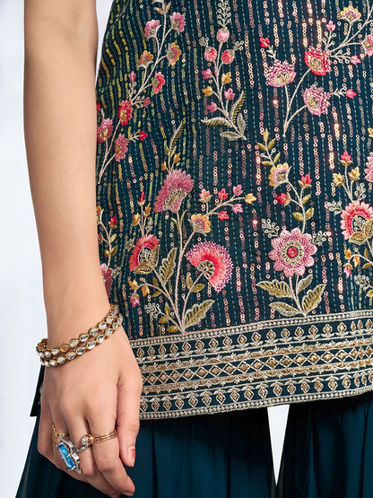 Dhiyona IN Women Floral Embroidered Regular Thread Work Kurta with Sharara & With Dupatta