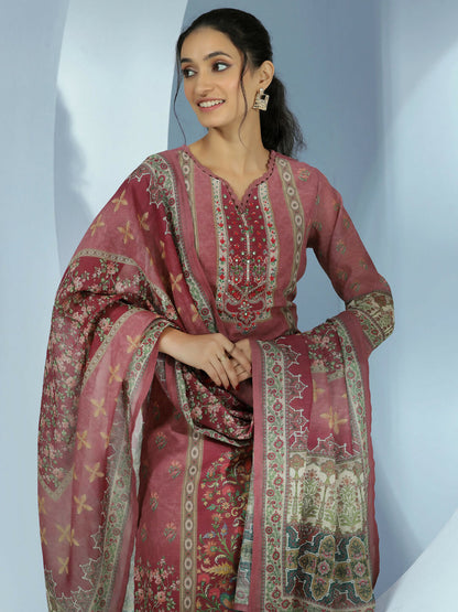 Women's LB Mauve Printed Linen Straight Suit With Dupatta