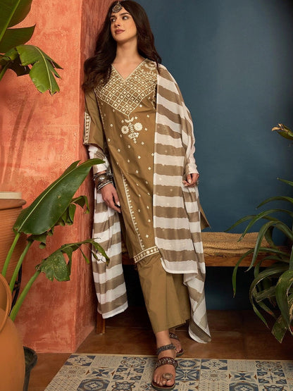 Women Ethnic Motifs Embroidered Regular Thread Work Pure Cotton Kurta with Trousers & With Dupatta