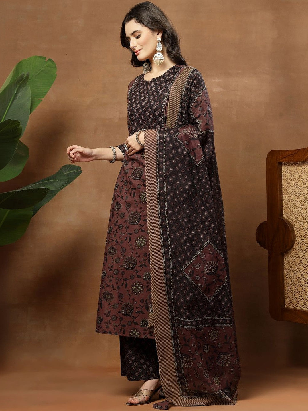 Printed Pure Cotton Round Neck Kurta & Palazzos With Dupatta