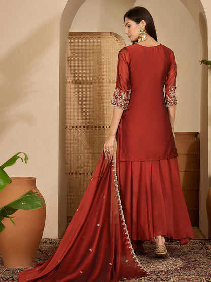 Embroidered Round Neck Straight Kurti & Sharara With Dupatta
