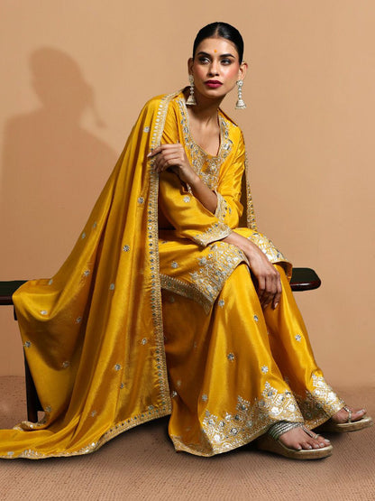Dhiyona HOP Zari Embroidered Straight Kurta With Sharara & Dupatta