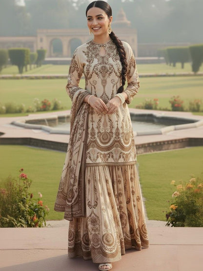 Dhiyona AN Floral Printed Keyhole Neck Straight Cotton Silk Kurta With Sharara & Dupatta