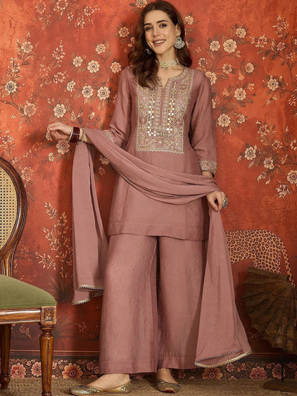 Women Ethnic Motifs Embroidered Regular Thread Work Pure Silk Kurta with Palazzos & With Dupatta