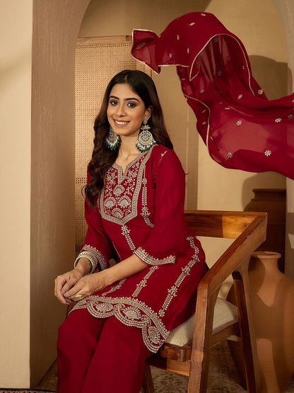 Dhiyona SN Georgette Zari Sequence Embroidered Kurta With Palazzos And Dupatta