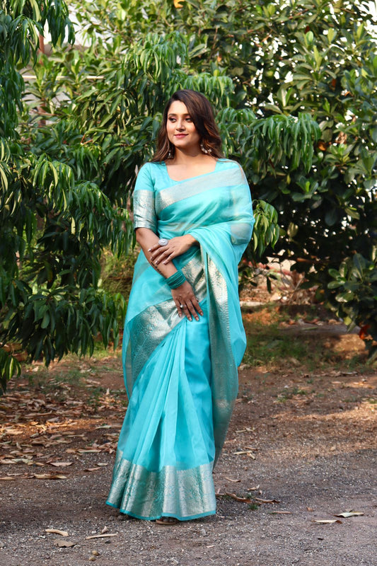 Dhiyona HH Turquoise Blue Organza Saree Banarasi Skirt Border Woven Pattern | Hanfi Handicraft