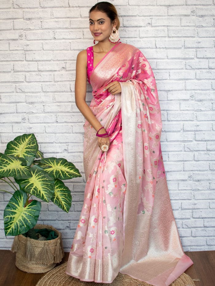 Dhiyona HH Flamingo Pink Shaded Banarasi Georgette Meena Jaal Saree | Attractive & Elegant