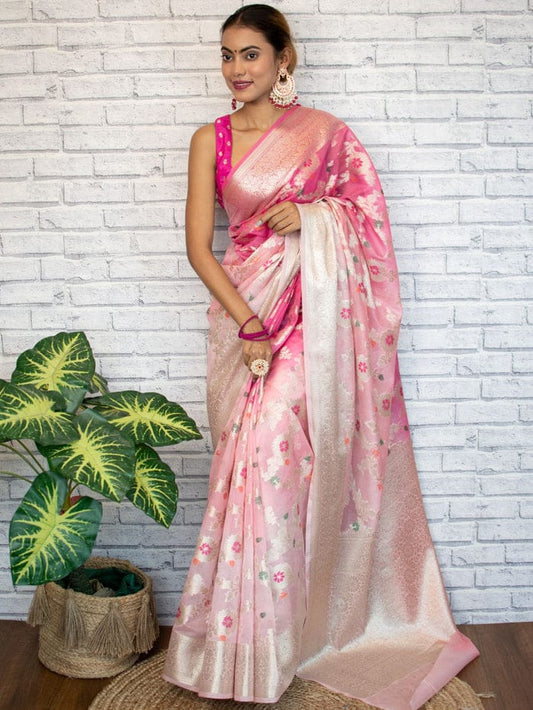 Dhiyona HH Flamingo Pink Shaded Banarasi Georgette Meena Jaal Saree | Attractive & Elegant