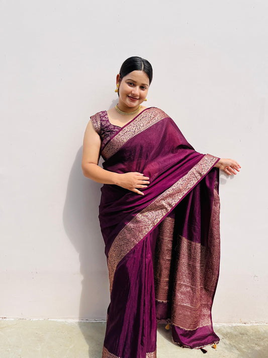 Dhiyona HH Magenta wine Classic Banarasi Woven Soft Saree with Antique Zari Borders