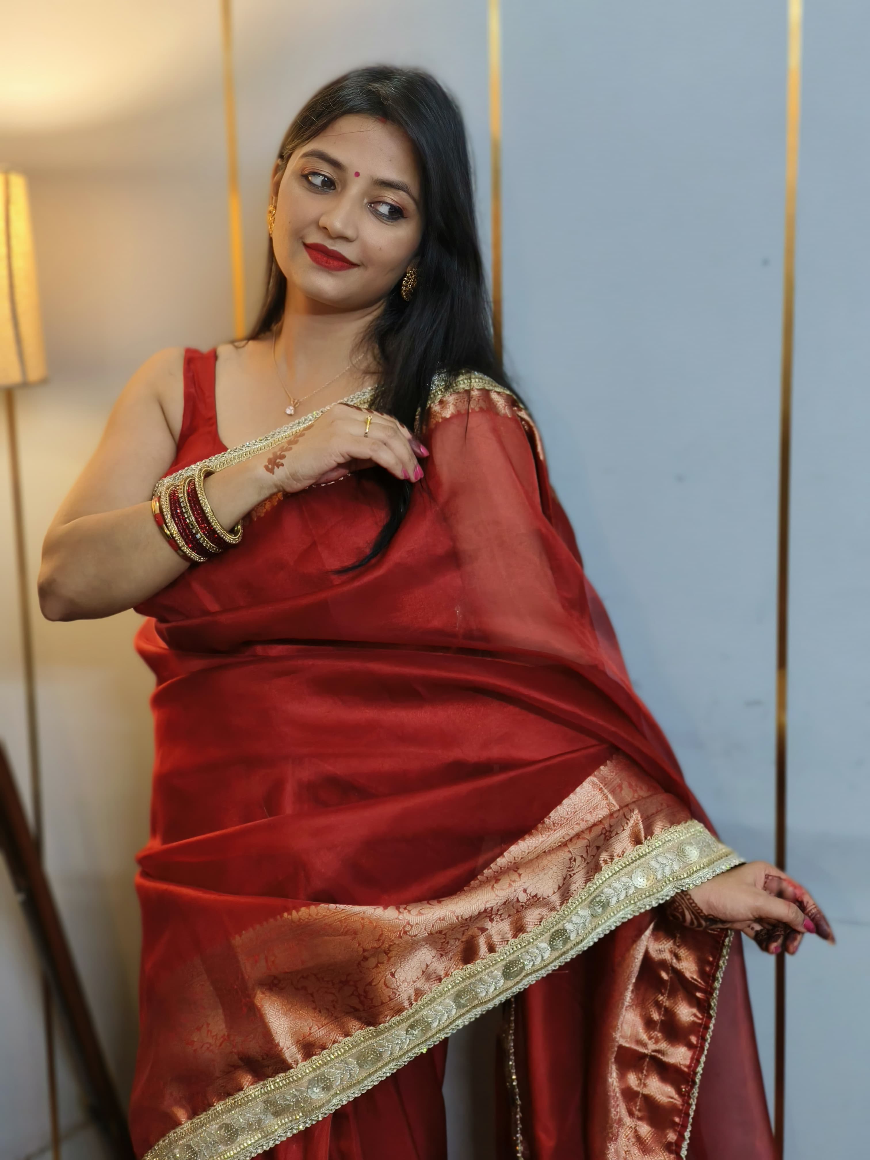 Dhiyona HH Celebrity-Inspired Blood Red Soft Tissue Silk Saree with Handmade Zardozi Work