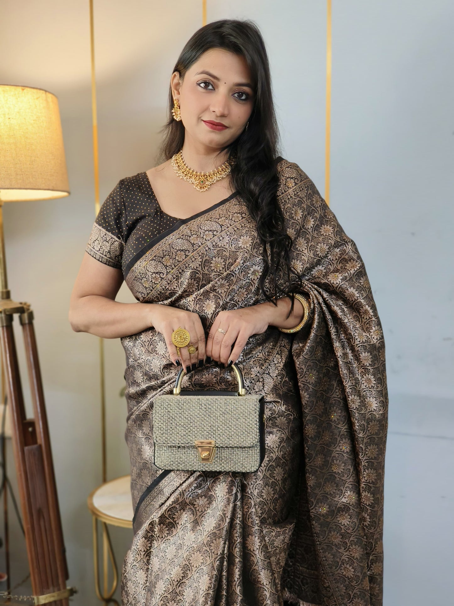 Dhiyona HH Black Banarasi Soft Silk Saree with Siroski Stone Work Embriodered Blouse & Saree