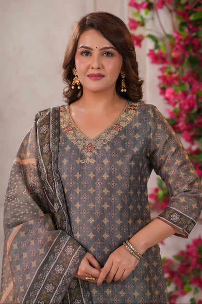 Nabha Olive Printed Work Suit Set