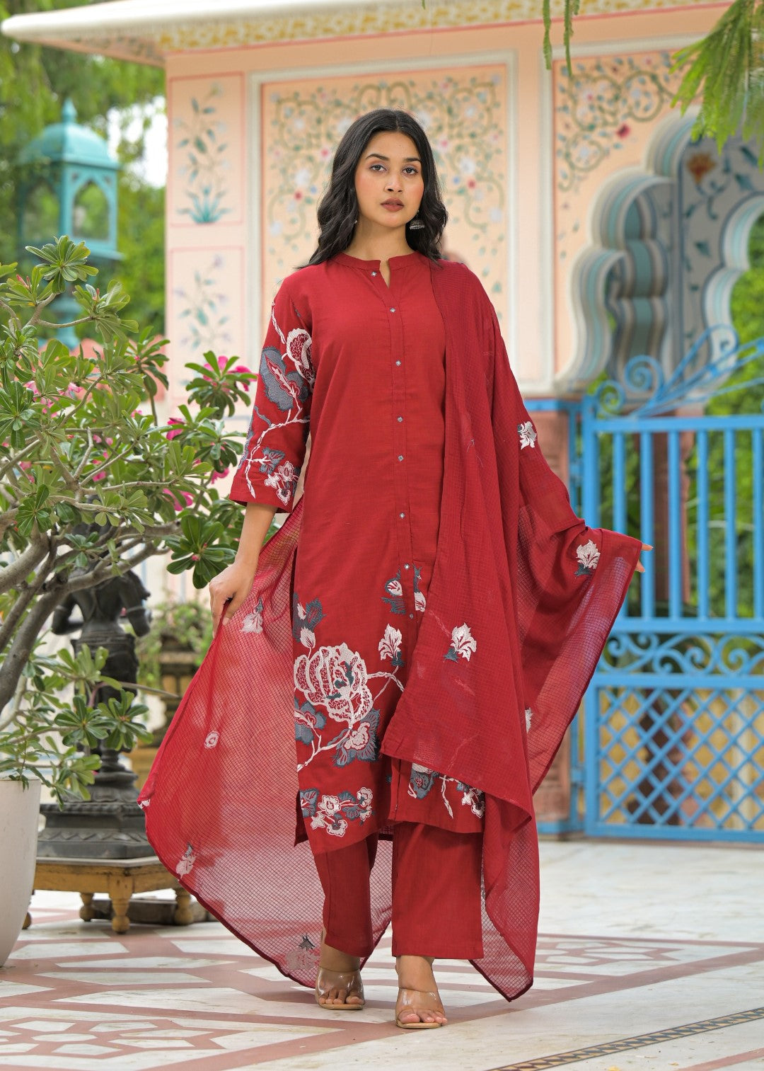 Sanjana Merlot Embroidered Suit Set