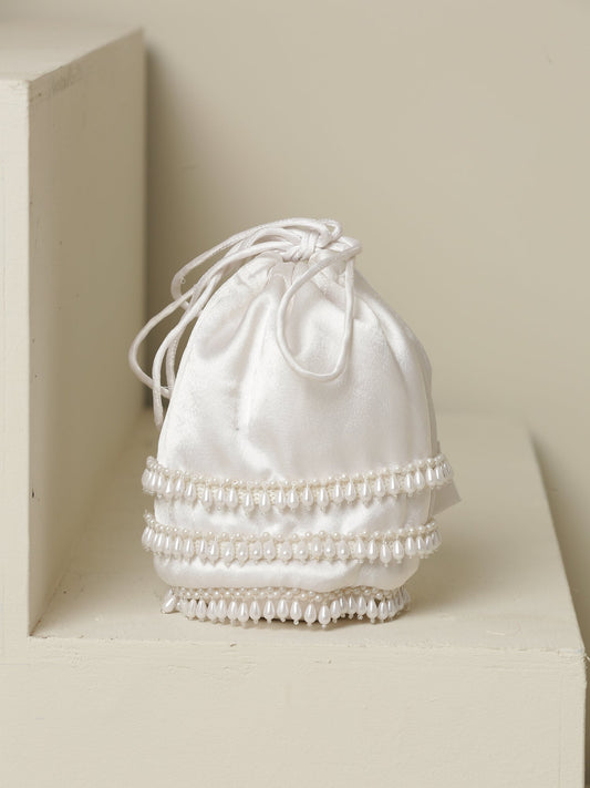 Dhiyona ST Potli - White Satin with White Beaded Lace Potli