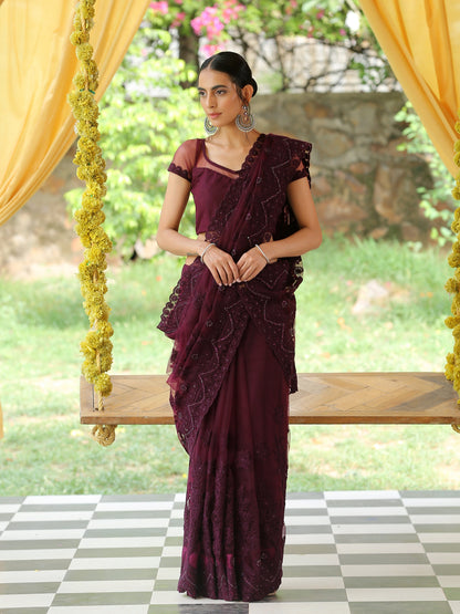 Dhiyona ST Mulberry Wine Net Saree with Embroidery & Scalloping