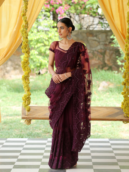 Dhiyona ST Mulberry Wine Net Saree with Embroidery & Scalloping