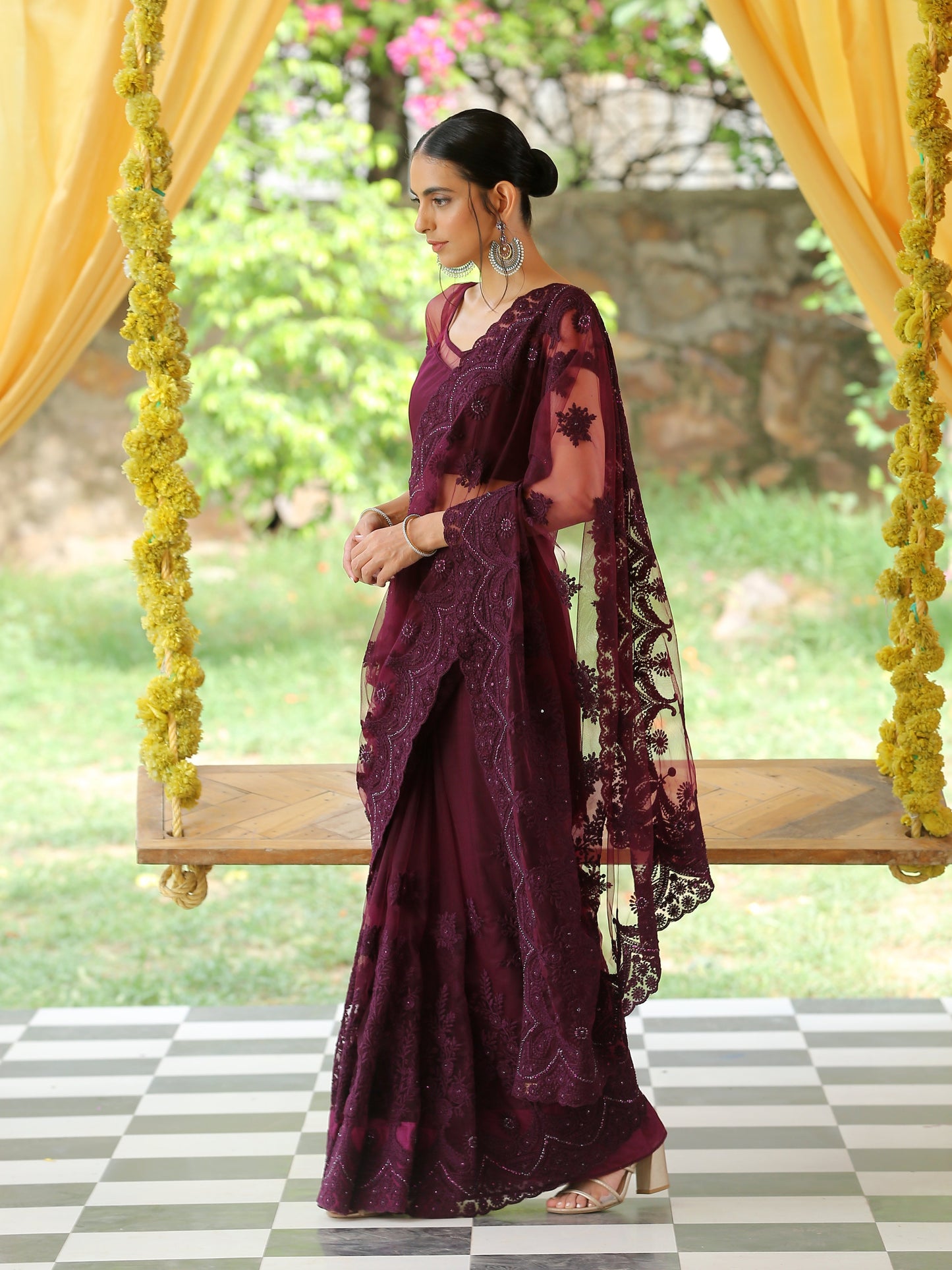 Dhiyona ST Mulberry Wine Net Saree with Embroidery & Scalloping