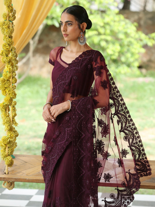 Dhiyona ST Mulberry Wine Net Saree with Embroidery & Scalloping
